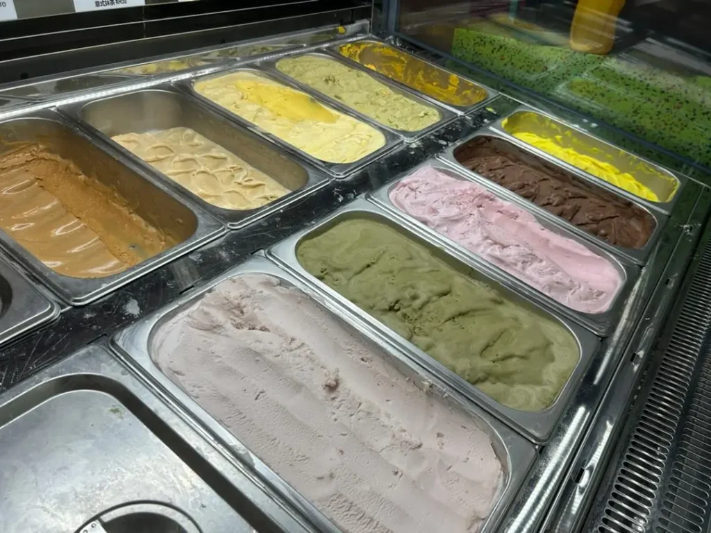 Laifa Gelato assorted flavors displayed in freezer – chocolate, matcha, strawberry, and more gelato varieties.