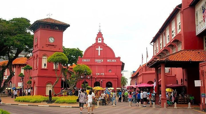A view of the Red Square in Malacca, with Christ Church and the Stadthuys surrounded by tourists and trishaws.